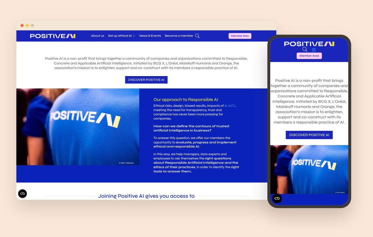 Aperçu ordinateur et mobile du site de Positive AI